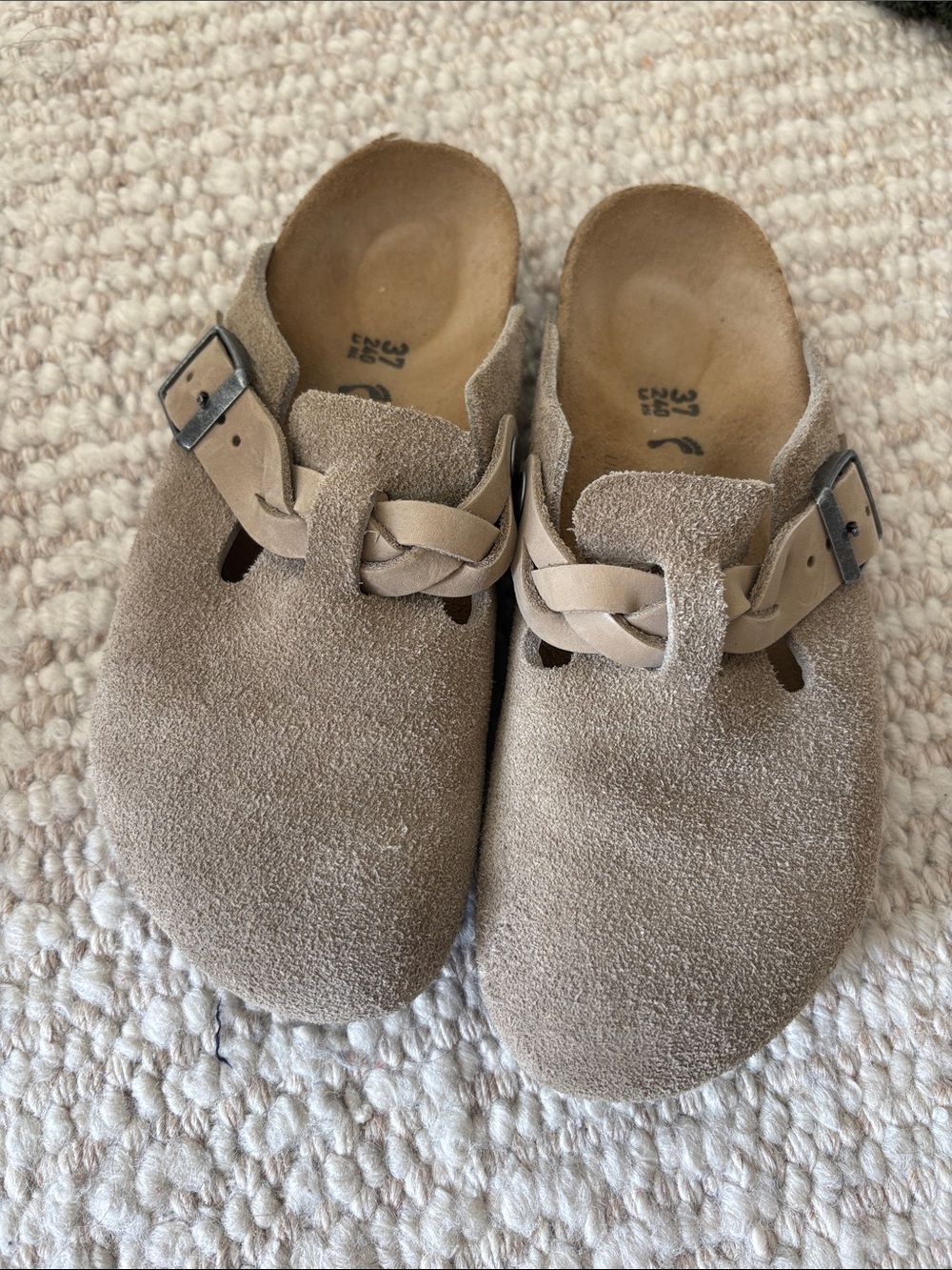 Birkenstock Suede Slip-On Clogs in Taupe